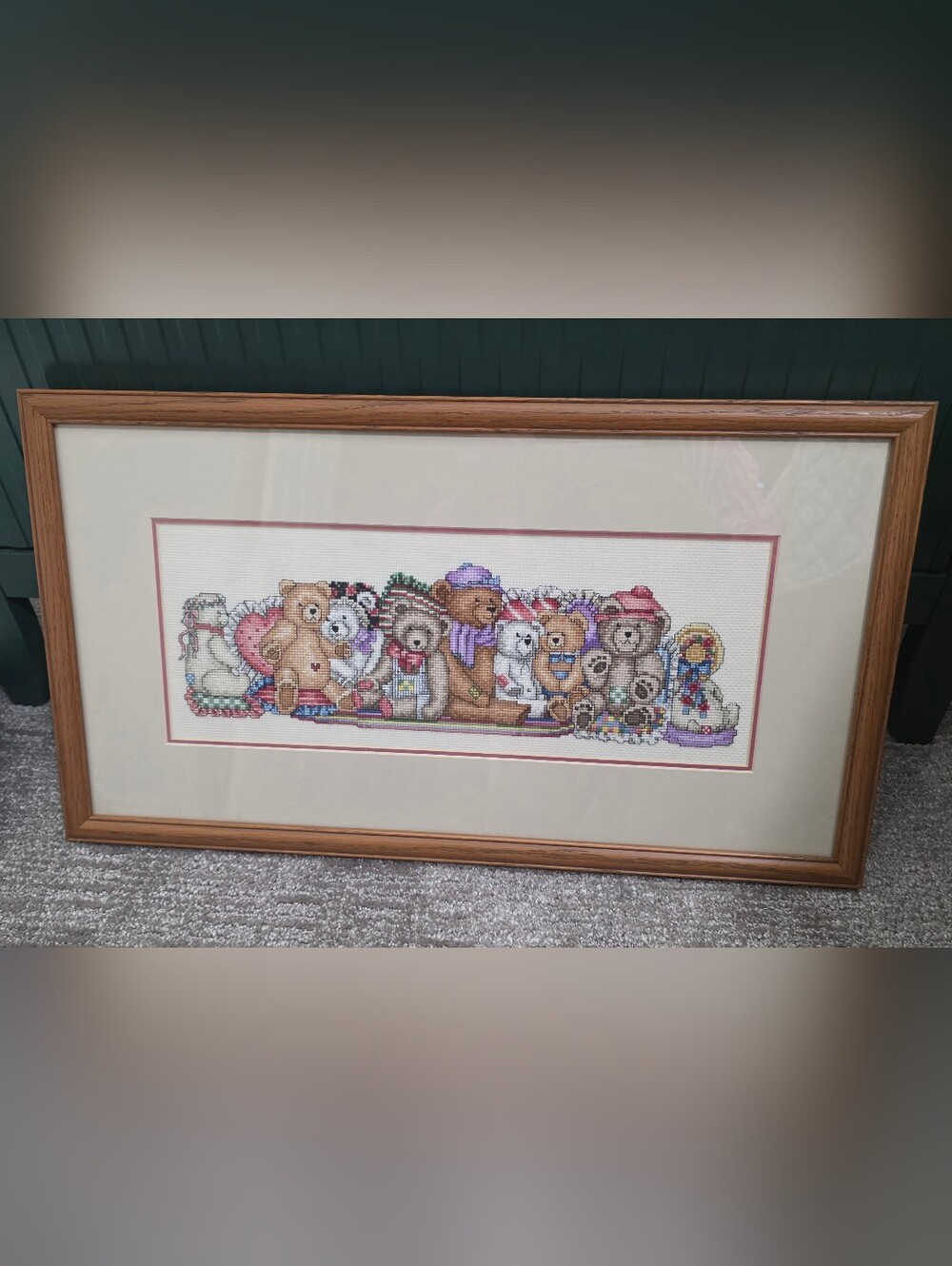 Framed Cross Stitch "Tender Worn Teddies" Cottagecore Whimsical Nostalgic 22x12